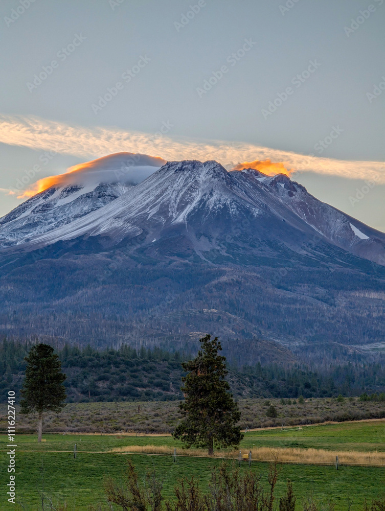 Fototapeta premium Road towards Mounts Shasta and Shastina in California, United States Highway 97 in Northern California heading South toward a mountain called Shasta volcano, USA