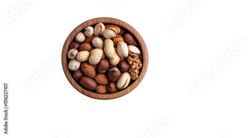 A wooden bowl filled with a variety of nuts, showcasing their different shapes and colors for a healthy snack option.