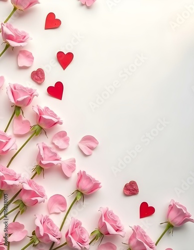 Pink roses and red hearts creating valentine's day border on white background