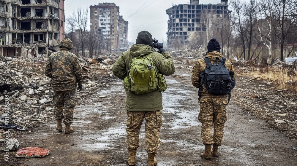 Naklejka premium Soldiers Navigating Through Devastated Urban Landscape