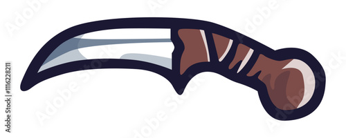 Cartoon drawing of a curved dagger with a brown handle