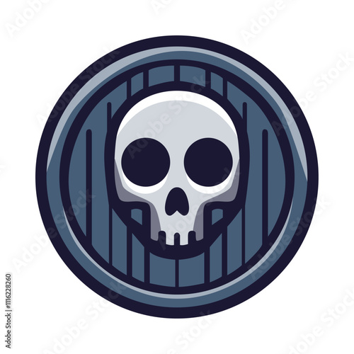 A circular emblem featuring a skull, dark, mysterious design