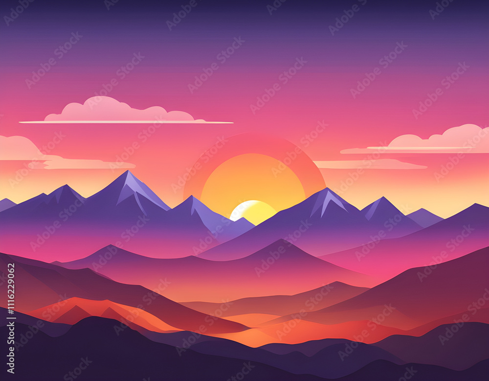 Fototapeta premium Sunset mountains landscape background, colorful gradation sky, flat mountain background