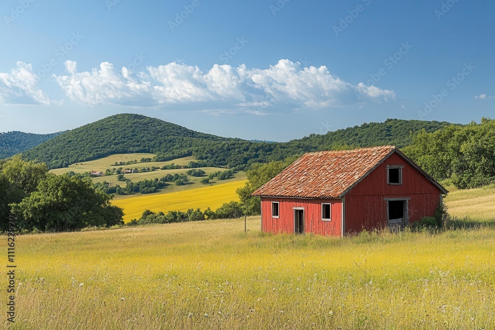 Fototapeta premium charming rustic barn nestled in a picturesque landscape, surrounded by rolling hills and fields, epitomizing rural life with a nostalgic touch, under a bright blue sky
