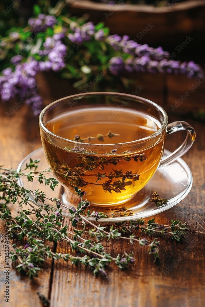 Close-up of tea with thyme. Selective focus Close-up of tea with thyme. Selective focus