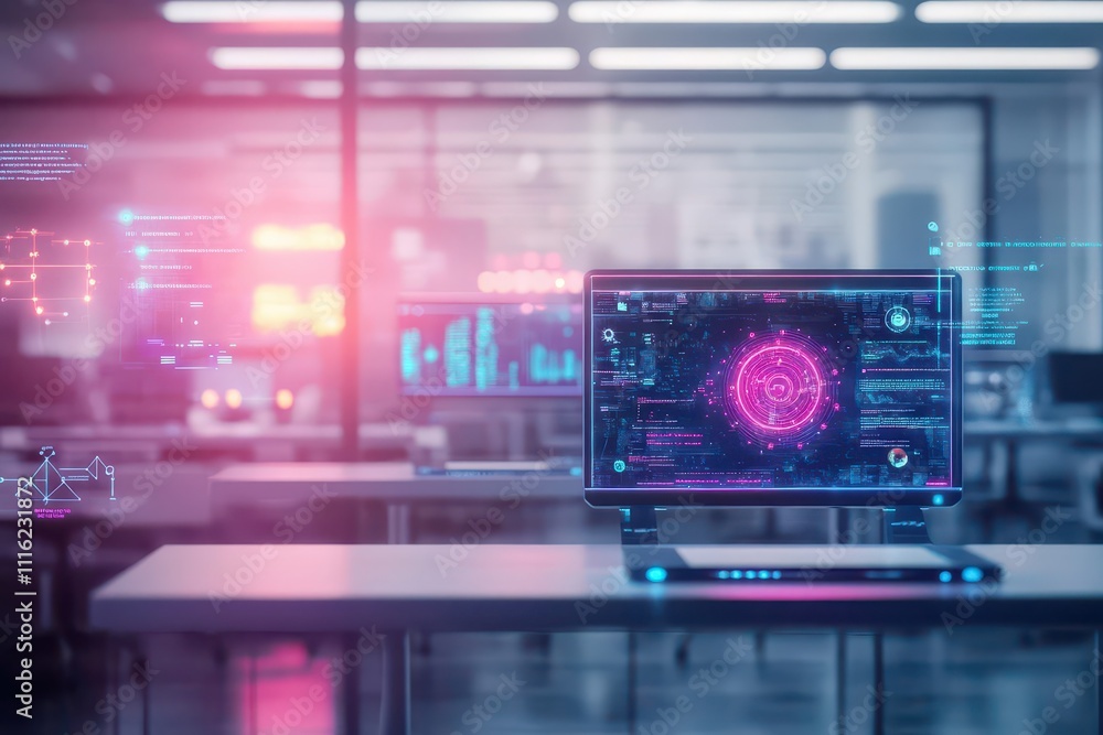 Futuristic coworking space with holographic desks and digital interfaces, scifi realism, cool neon lighting, ultramodern architecture, intricate details Futuristic coworking space with holographic desks and digital interfaces, scifi realism, cool neon lighting, ultramodern architecture, intricate details