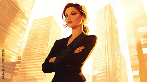 A confident businesswoman standing with arms crossed in front of a corporate building or cityscape.