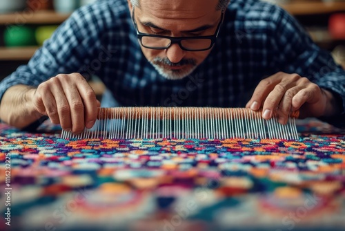 Elaborate Persian carpet being woven by skilled hands, top view, capturing intricate craftsmanship and cultural pride, robotic tone, Complementary Color Scheme