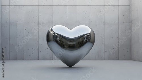 metallic heart sculpture with liquid chrome effect in minimalist space. reflective surface creates striking visual impact photo