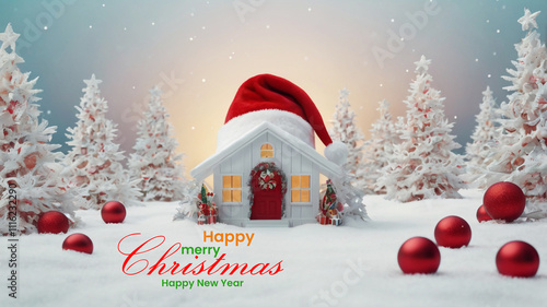 Happy Merry Christmas and Happy New Year background with Santa hat and flower