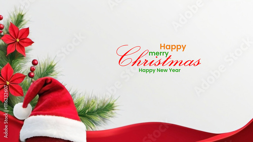 Happy Merry Christmas and Happy New Year background with Santa hat and flower