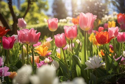 a serene close up of garden filled with vibrant tulip flowers in full bloom, creating a cheerful and peaceful springtime atmosphere