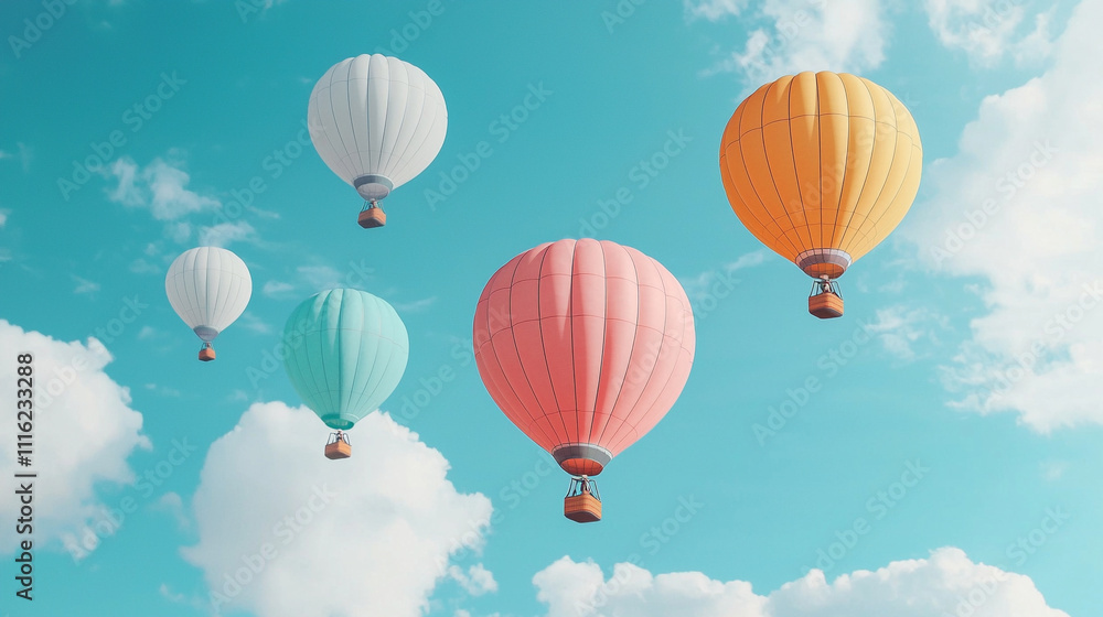 Fototapeta premium Colorful hot air balloons float gracefully against a clear blue sky, creating a serene and adventurous atmosphere.