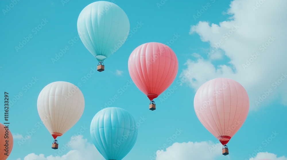 Fototapeta premium Colorful hot air balloons floating in a clear blue sky, creating a scene of tranquility and adventure.