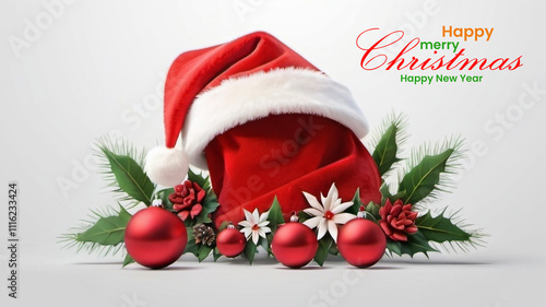 Happy Merry Christmas and Happy New Year background with Santa hat and flower