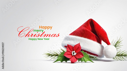 Happy Merry Christmas and Happy New Year background with Santa hat and flower
