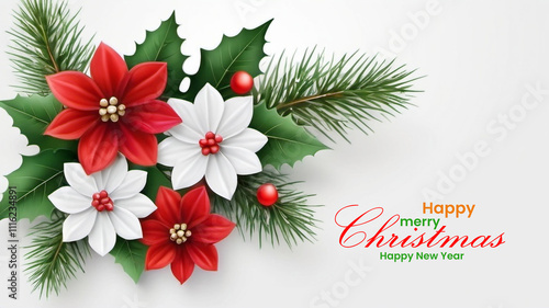 Happy Merry Christmas and Happy New Year background with Santa hat and flower