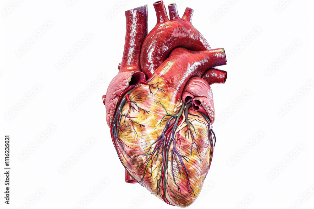 Naklejka premium Heart is shown in a close up, with its veins and arteries visible.