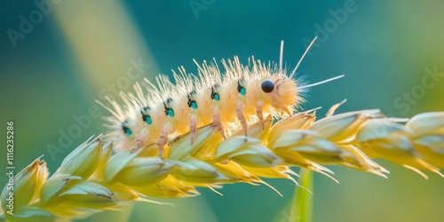 Close up macro shot of a baby caterpillar feeding on barley in its natural habitat, showcasing the caterpillar s delicate movements while it consumes barley leaves. photo