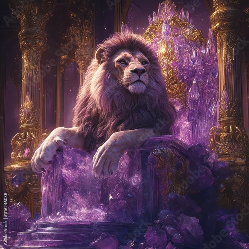 Create a powerful image of a lion on a crystal throne, surrounded by opulence, in a digital painting with rich gold and purple hues photo