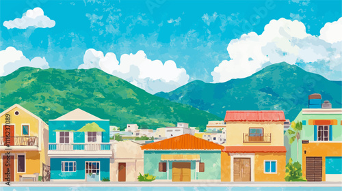 Vibrant vector illustration showcasing a row of colorful caribbean houses with green mountains and a cloudy blue sky in the background