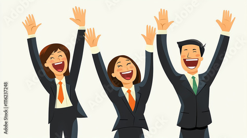 A team of business professionals celebrating with clapping hands or raised arms in a joyful atmosphere.