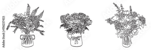 Hand drawn line ink sketch style vases with wild or garden flowers. Bouquet drawing for wedding invitations or wall art. Flower arrangement in glass vase with bows. Minimalist doodle illustration.