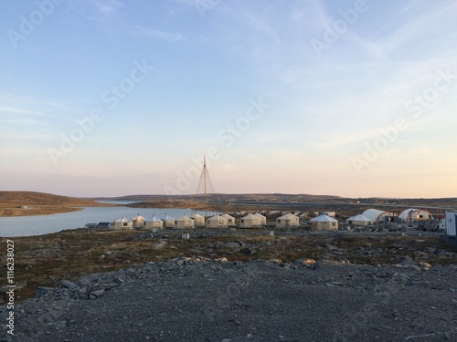Remote geological mine site camp with canvas and weatherhaven tents, near Meadowbank Mine Site, Nunavut Territory, Canada