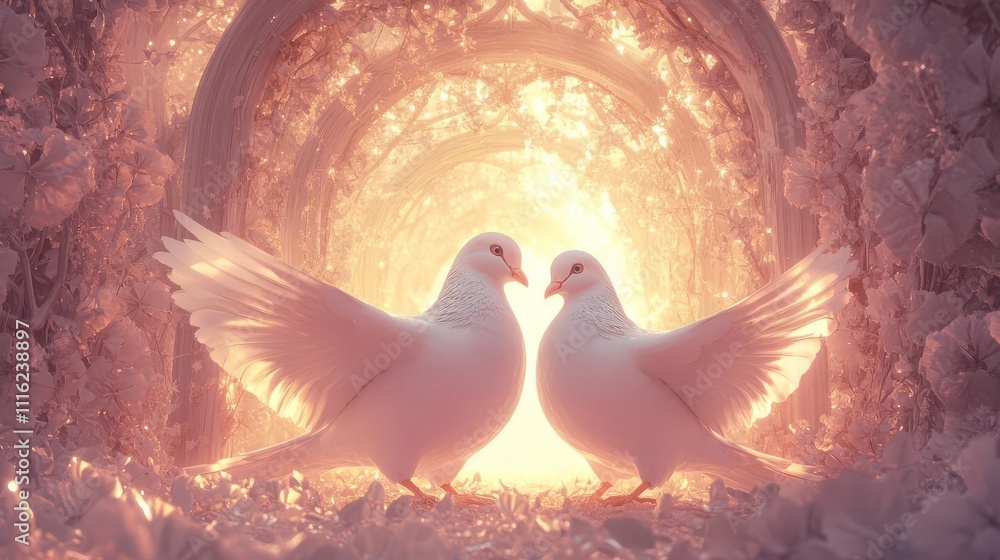 Fototapeta premium Depict a pair of gleaming doves gliding under a radiant archway enveloped by peace emblems