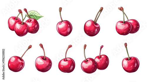 The image features various illustrated cherries, showcasing different styles and orientations, ideal for graphic design or culinary themes.