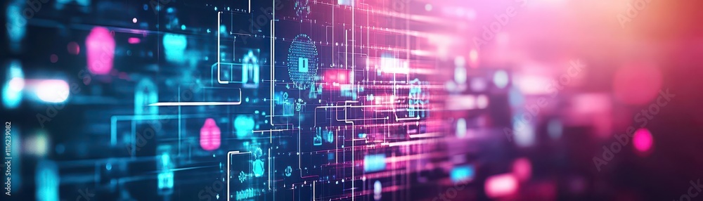 Fototapeta premium A futuristic elearning hub with diverse avatars interacting in a glowing AIenhanced environment, vibrant neon and soft holographic textures