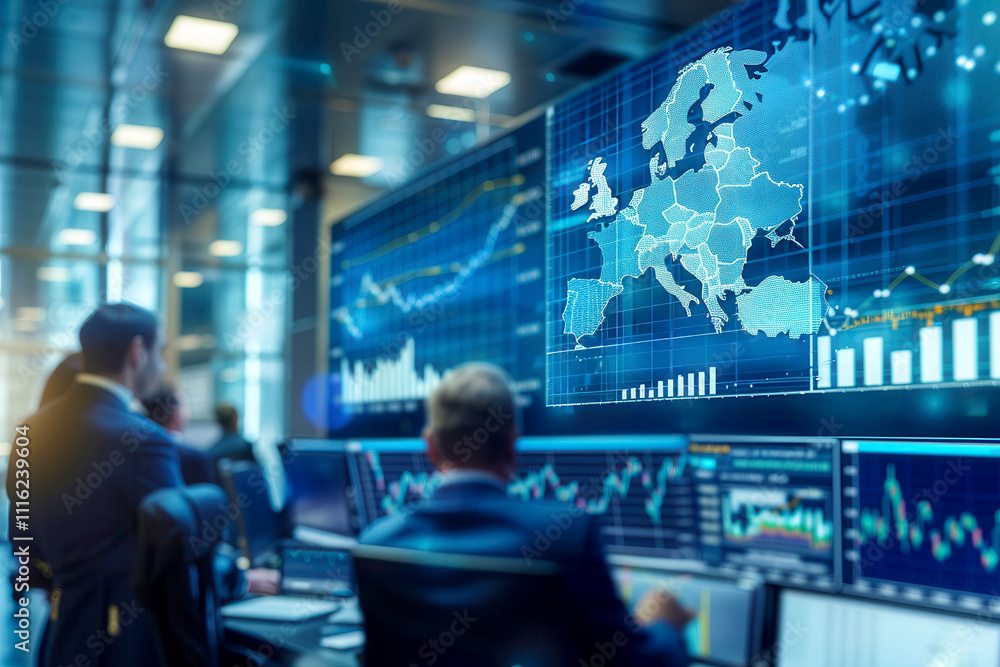 Financial Analysts Discussing European Market Trends on Interactive Display in Modern Trading Room Financial Analysts Discussing European Market Trends on Interactive Display in Modern Trading Room