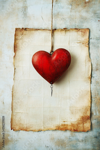 A red heart hanging from a string on a piece of paper. 
