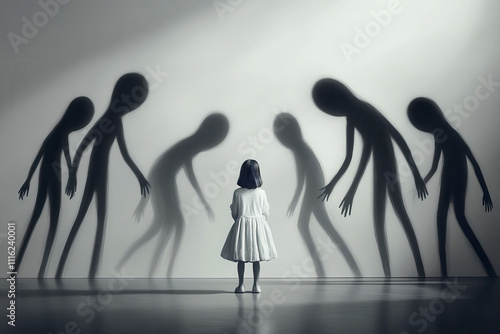 Little Girl Facing Ominous Shadows on Wall, Surreal Concept of Fear and Isolation photo