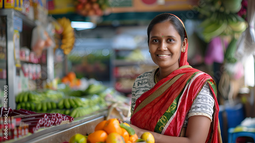 A desiwoman small Kirana or grocery store owner is shown seated at the cash register and joyfully looking at the camera copy space