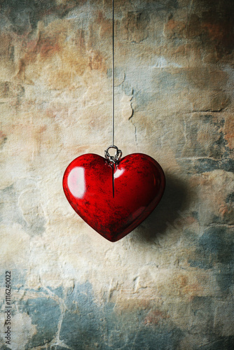 A red heart hanging from a string on a piece of paper. 
