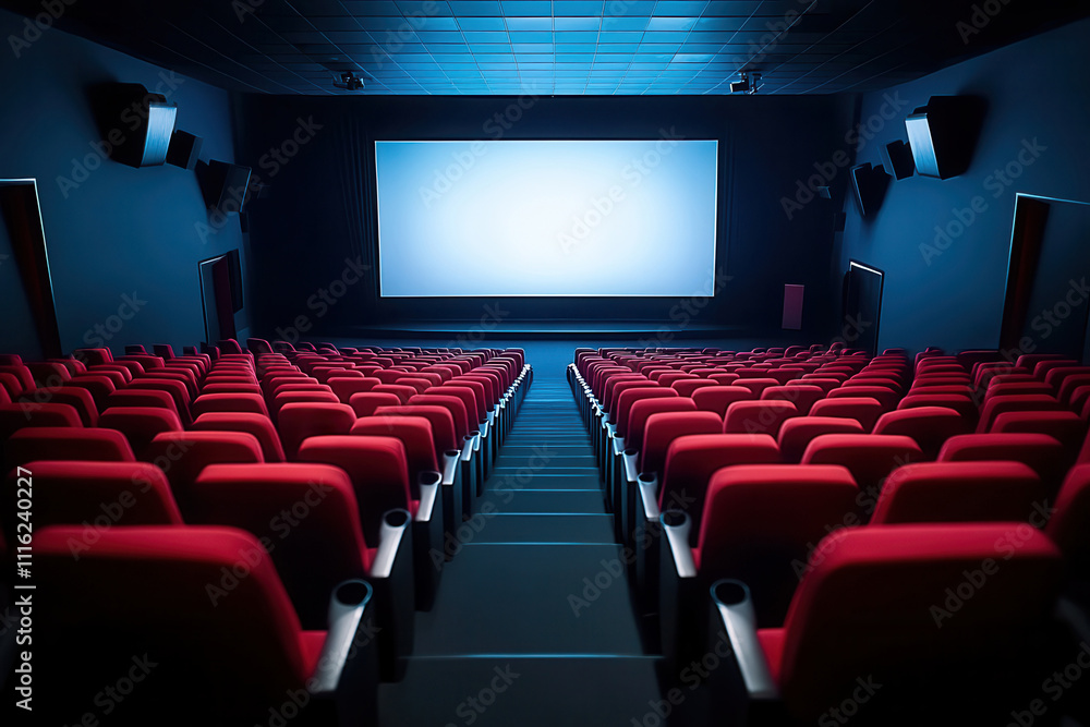 Fototapeta premium Empty movie theater interior with red seats and a blank screen
