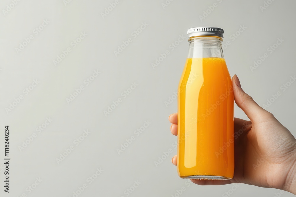 A close-up of a hand holding a glass bottle filled with orange juice on a soft neutral background