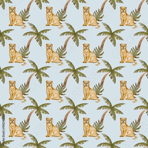 Repeated pattern of golden retriever dogs and palm trees on light blue background photo