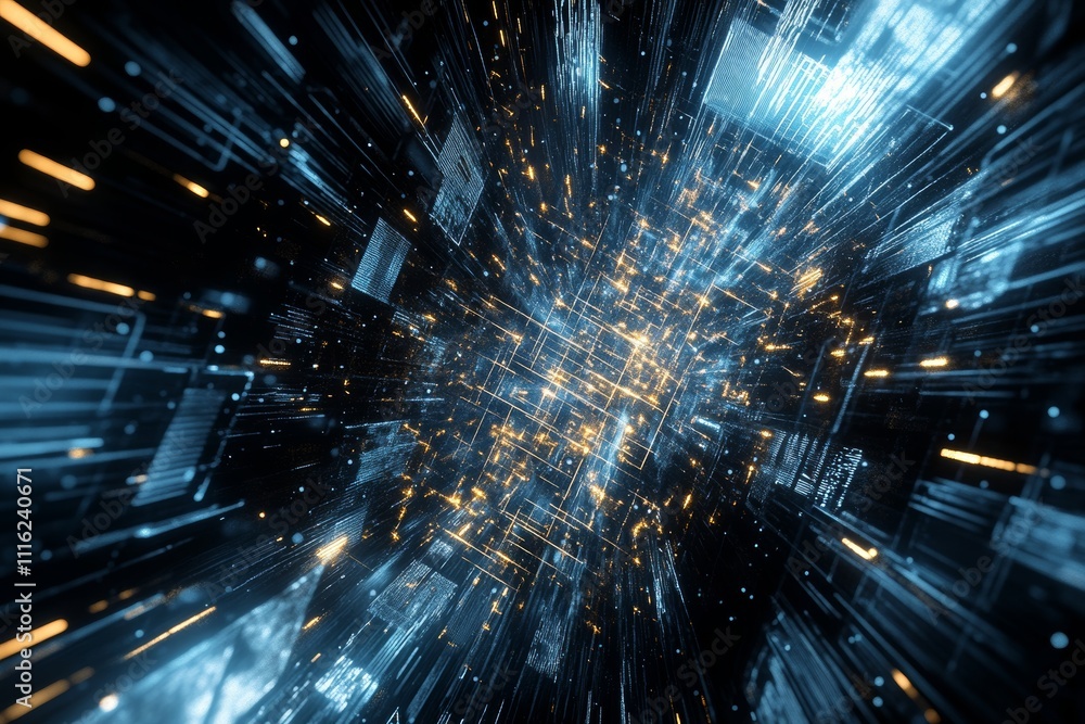 Abstract representation of data streaming with glowing particles and lines creating a cosmic digital environment full of energy and movement for technological backgrounds