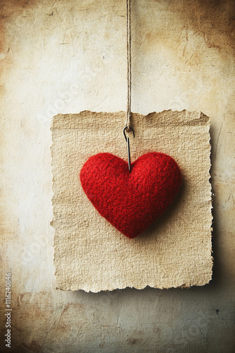 A red heart hanging from a string on a piece of paper. 
