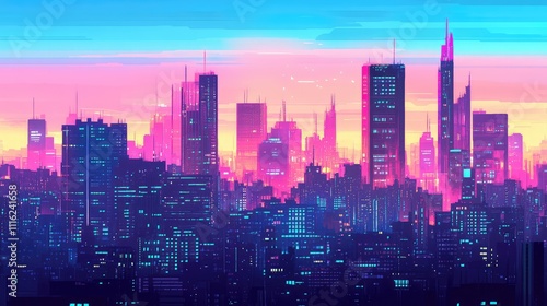 Wallpaper Mural A futuristic cityscape in gradient pixel art, with buildings transitioning from neon pink to blue under a glowing digital sky Torontodigital.ca