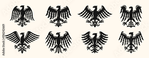 Heraldic eagle with spread wings, symbol set. Coat of arms bird hawk emblem. Design elements vector illustration