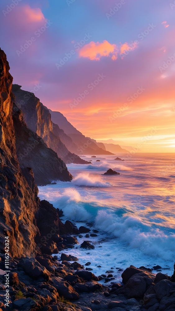 Fototapeta premium Dramatic Coastal Cliffs Sunset Ocean Waves Rocks Scenic View. Generative AI