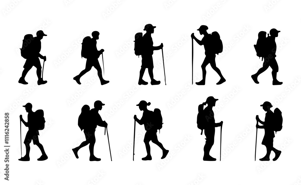 Fototapeta premium Hiker flat silhouette set isolated on white background