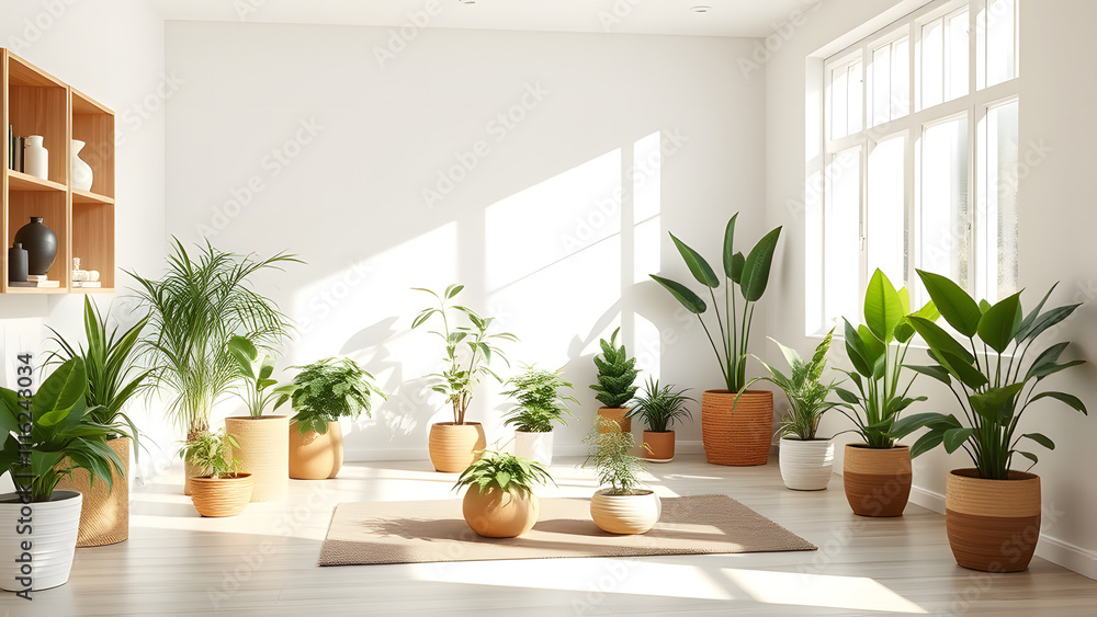 Fototapeta premium Peaceful health and wellness space with natural light, neutral tones, and plants arranged for a ca