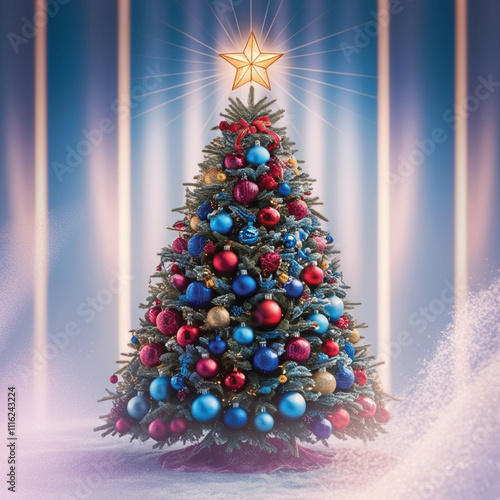 Festive Christmas tree adorned with colorful ornaments and a shining star in a winter setting