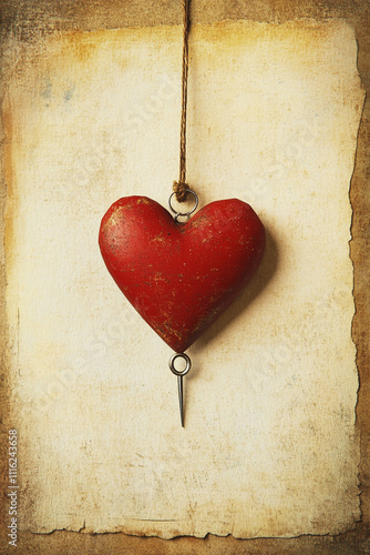A red heart hanging from a string on a piece of paper. 

