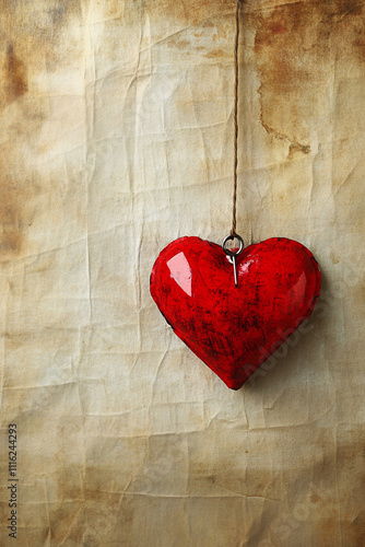 A red heart hanging from a string on a piece of paper. 
