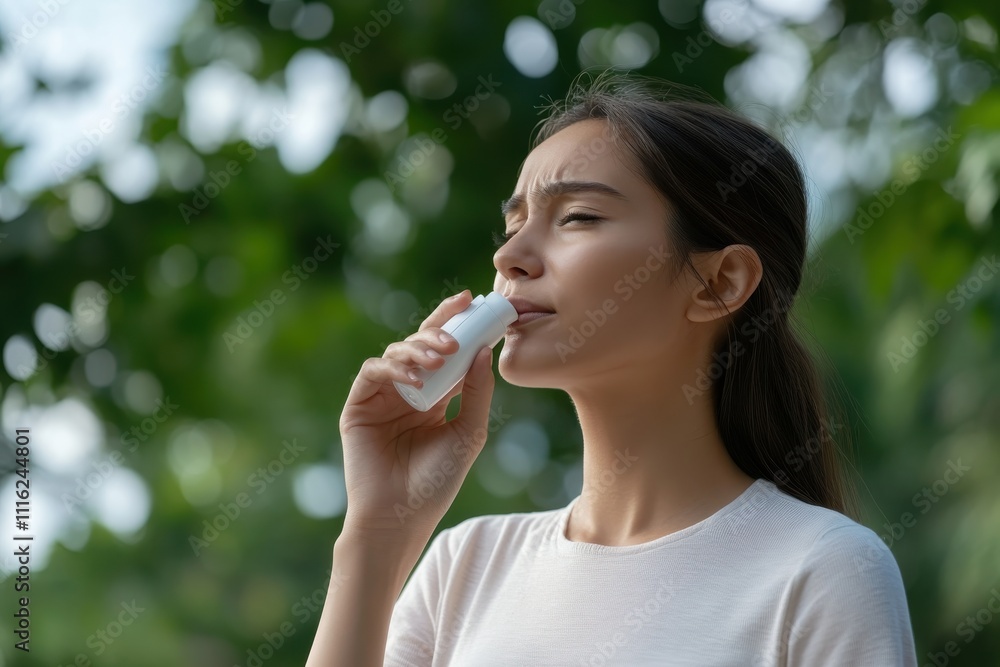 Fototapeta premium A focused young woman utilizes an inhaler while engaging with her surroundings, demonstrating the importance of health awareness and personal well-being in an active lifestyle.